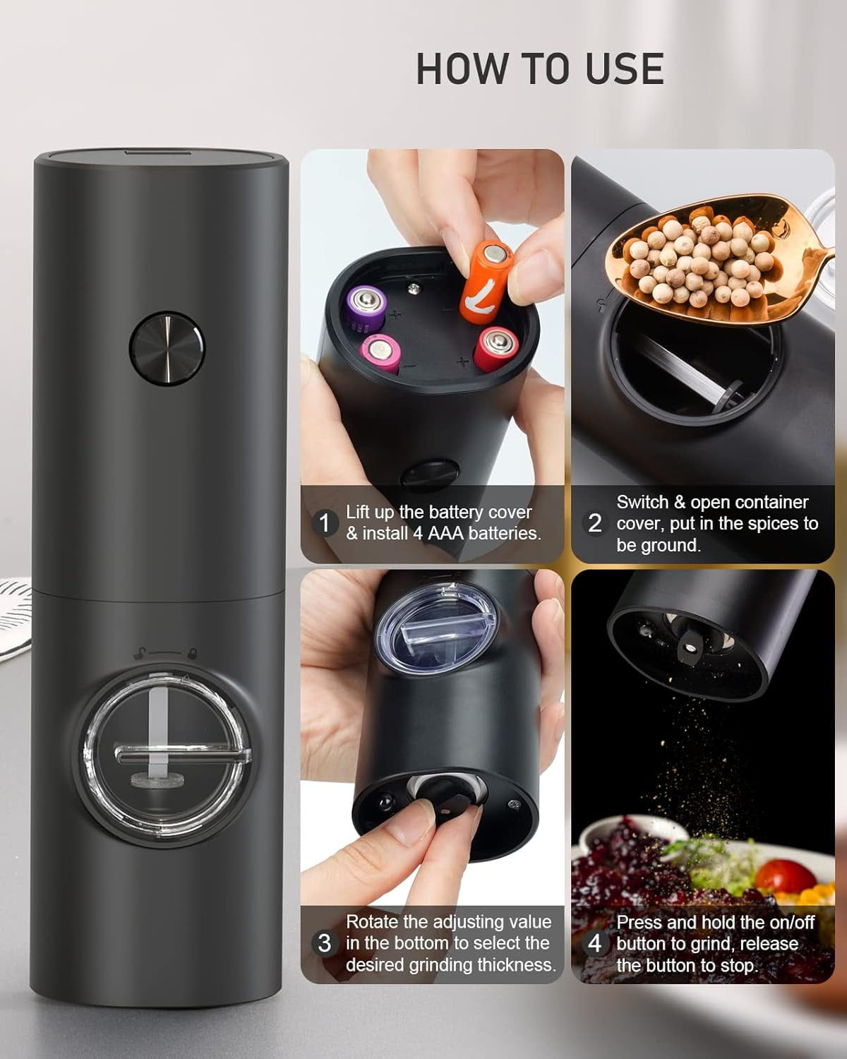 2-Pack Electric Salt & Pepper Grinder Set – One-Touch Operation, Adjustable Coarseness, LED Light, Battery Powered