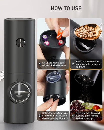 2-Pack Electric Salt & Pepper Grinder Set – One-Touch Operation, Adjustable Coarseness, LED Light, Battery Powered