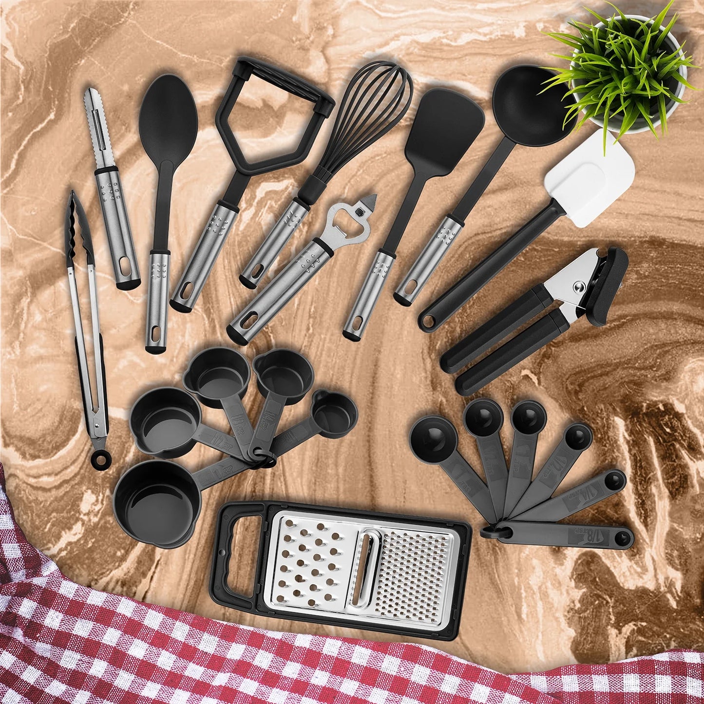 23-Piece Kitchen Utensil Set - Nylon and Stainless Steel Cooking Tools - Black Kitchen Starter Kit