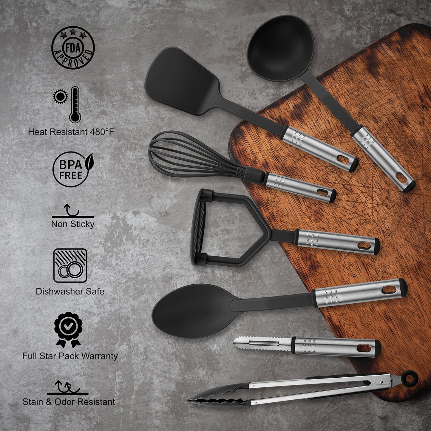 23-Piece Kitchen Utensil Set - Nylon and Stainless Steel Cooking Tools - Black Kitchen Starter Kit