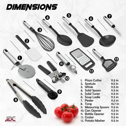 23-Piece Kitchen Utensil Set - Nylon and Stainless Steel Cooking Tools - Black Kitchen Starter Kit