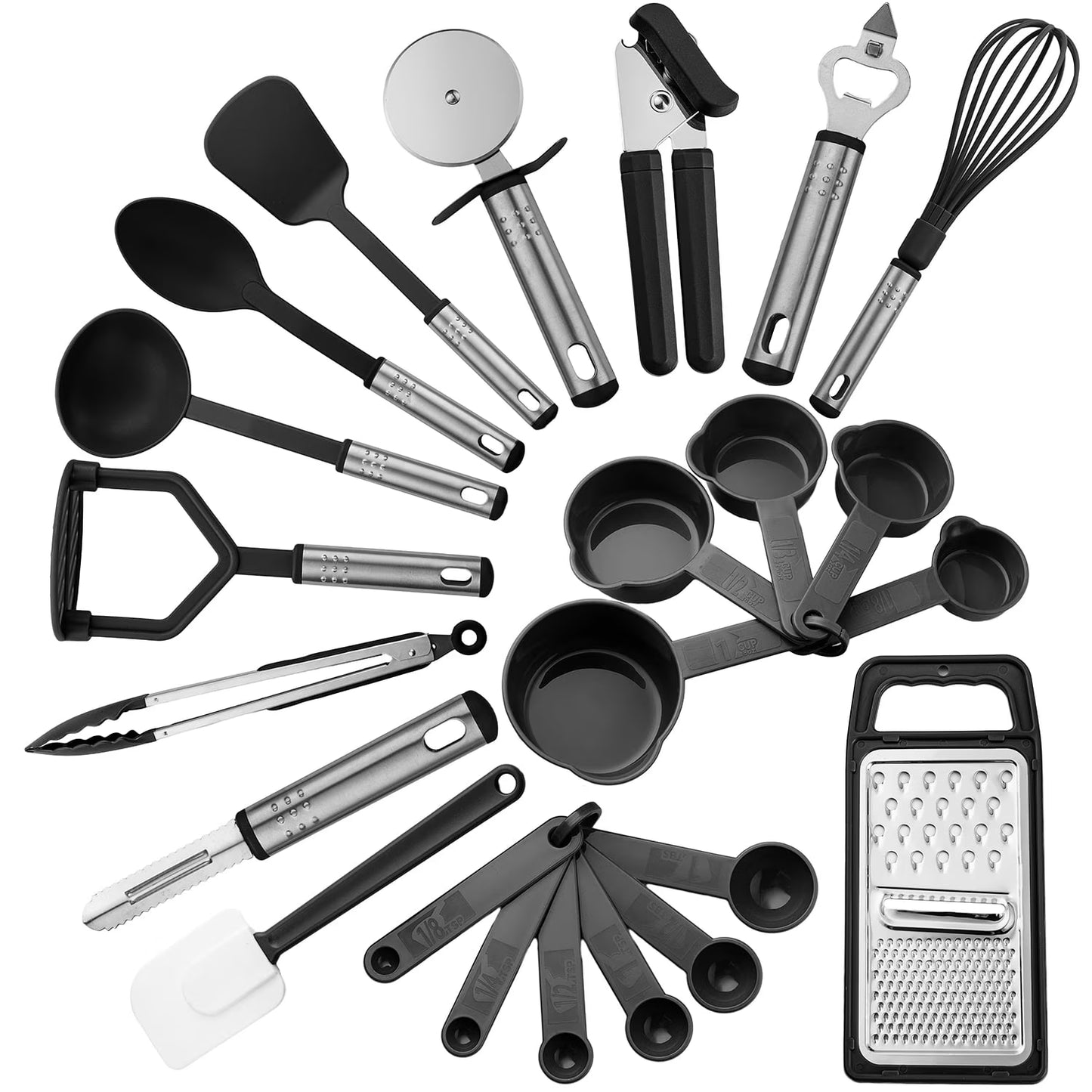 23-Piece Kitchen Utensil Set - Nylon and Stainless Steel Cooking Tools - Black Kitchen Starter Kit